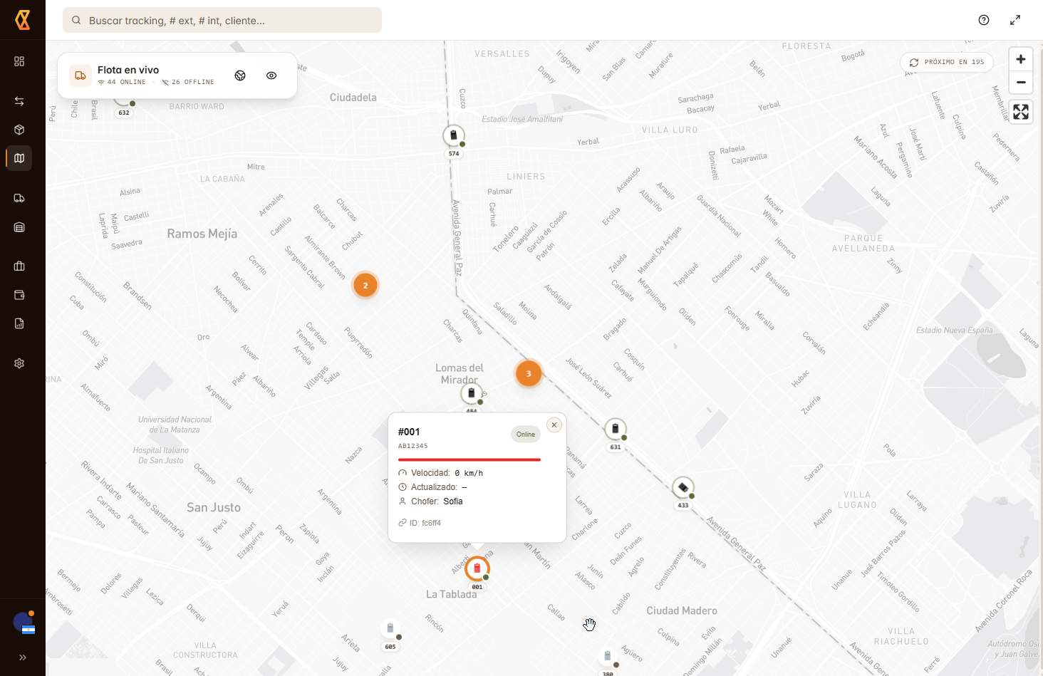 Flota en vivo — posición GPS de cada vehículo en tiempo real.