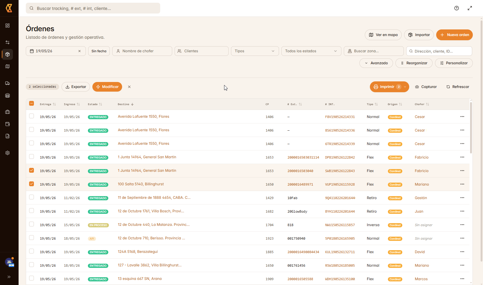 Listado de órdenes — filtros por fecha, chofer, cliente, estado y zona; selección múltiple para imprimir, exportar y modificar en lote.