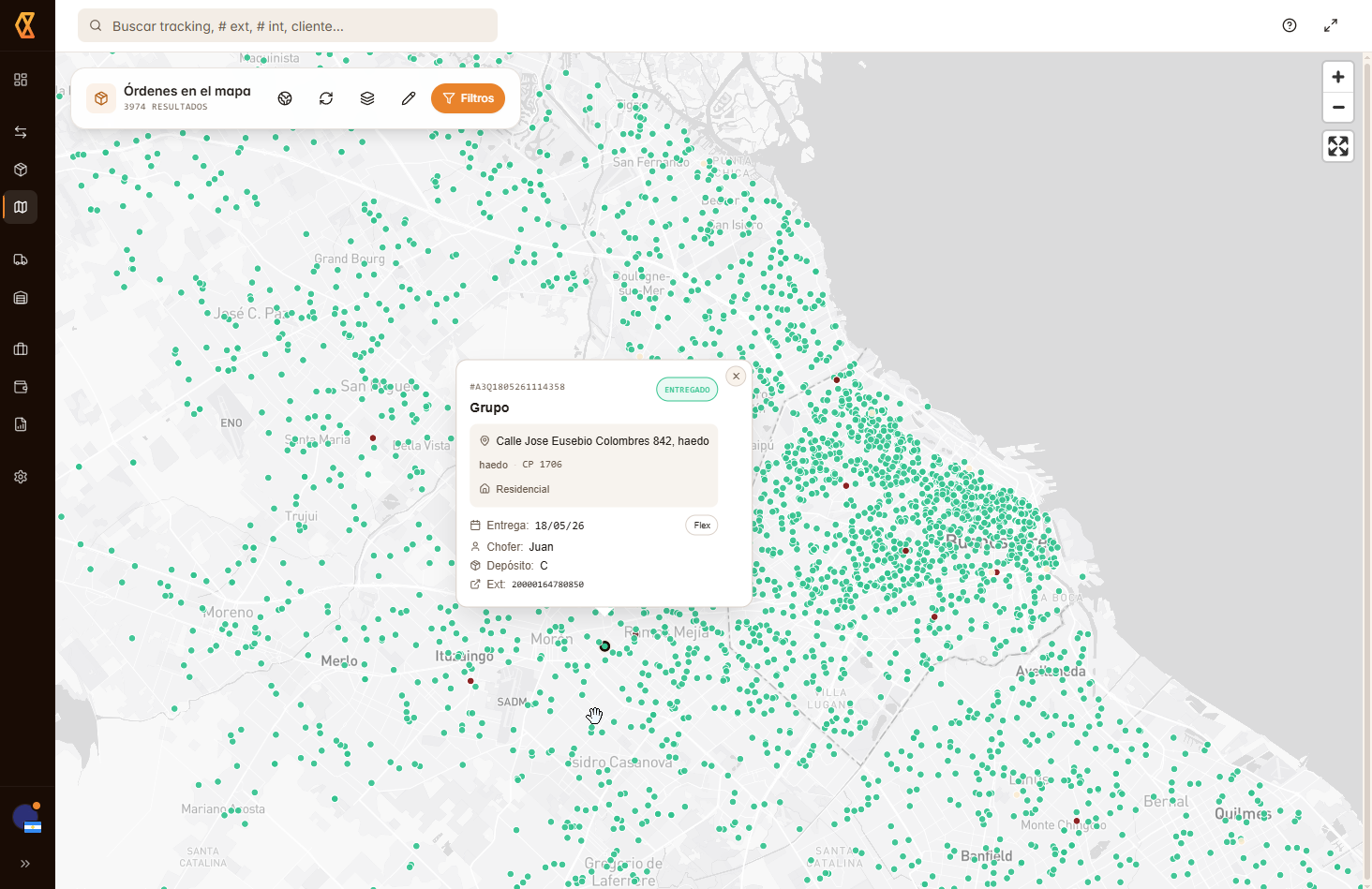 Órdenes en el mapa — vista de operación con 3.974 envíos del día.