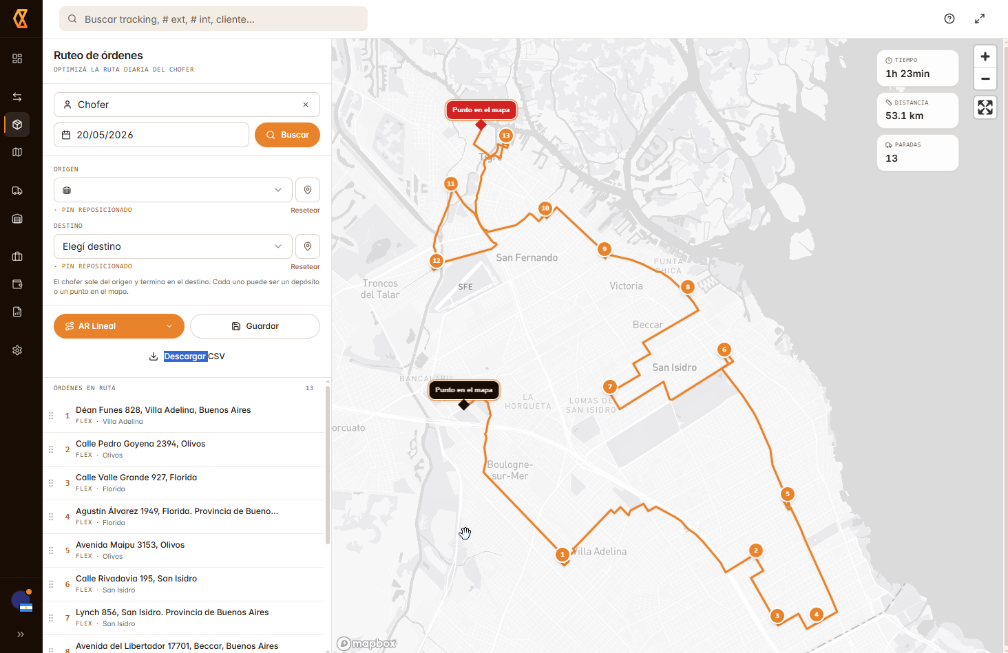 Ruteo de órdenes — 13 paradas, 53.1 km, 1h 23min.